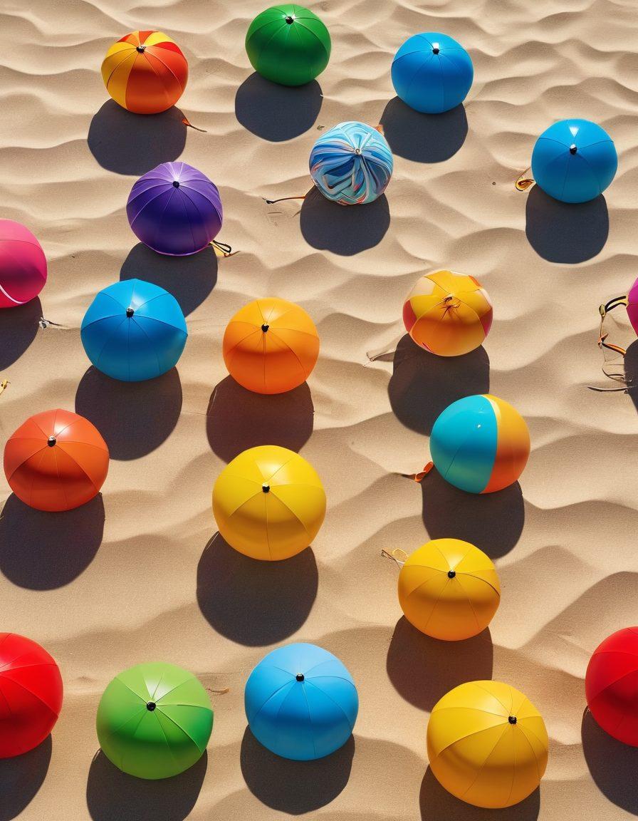 A vibrant beach scene showcasing an array of colorful swimwear laid out on a sandy shore, next to digital devices like tablets and laptops displaying swimwear downloads. The sun is shining brightly in a clear blue sky, with beach balls and umbrellas scattered around. The overall vibe should be fun and inviting, and the layout should suggest a blend of fashion and technology. super-realistic. vibrant colors. summer theme.