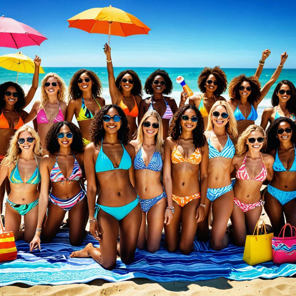A vibrant beach scene showcasing diverse bikini swimwear on models of various body types and ethnicities, all smiling and enjoying the sun. In the background, an array of multimedia essentials like stylish sunglasses, colorful beach towels, and trendy beach bags, enhancing the fun summer vibe. The ocean waves lapping at the shore provide a perfect backdrop. bright colors. dynamic composition. super-realistic.