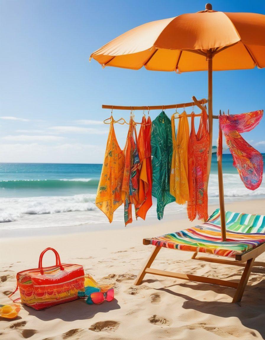 A vibrant beach scene featuring a mix of fashionable bikini swimwear displayed on colorful hangers, with gentle waves lapping at the shore in the background. The sun casts a warm glow, highlighting the fun patterns and textures of the swimwear. Include a beach umbrella and a pair of stylish sunglasses for added summer vibes. The overall atmosphere is lively and inviting. tropical, vivid colors, summer aesthetic.